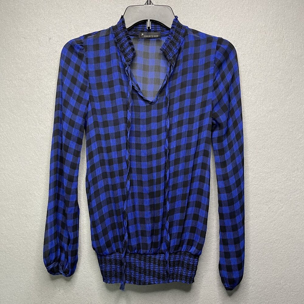 Blue & Black Plaid Sheer Long-Sleeve Blouse By Twentyone